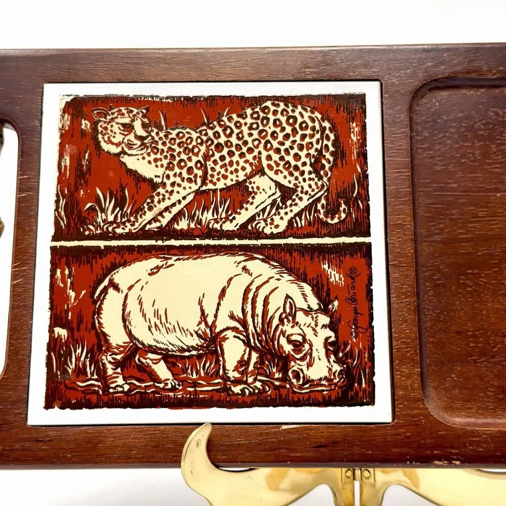Vintage Georges Briard Safari Cheese Board Tray Wood Tile 1970s MCM